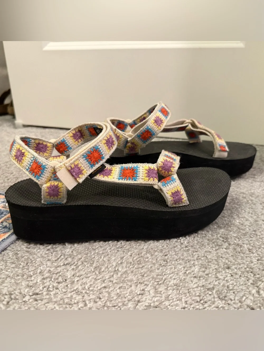 Teva Platform Sandals in Black with Multicolor Crochet Straps